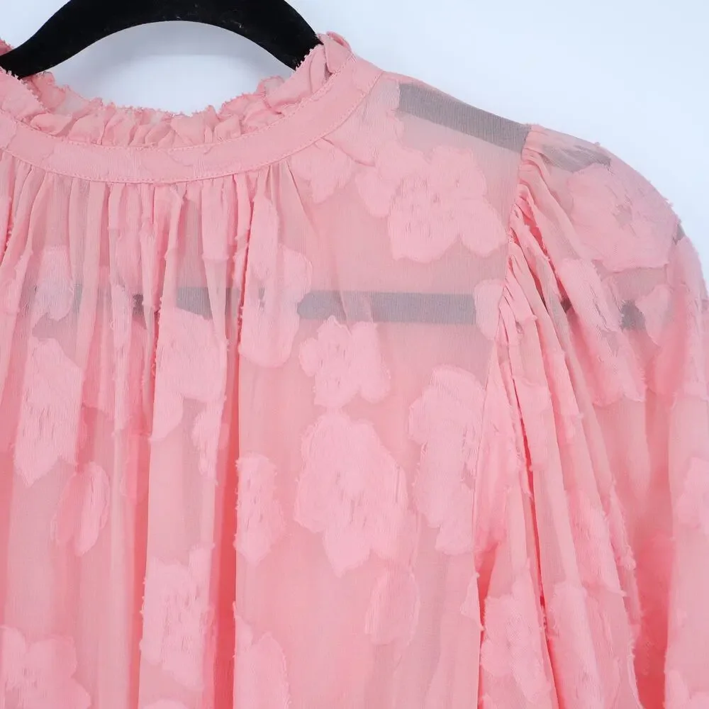 ULLA JOHNSON Sandrine Blouse Pink Floral Jacquard Long Sleeve Women's 10